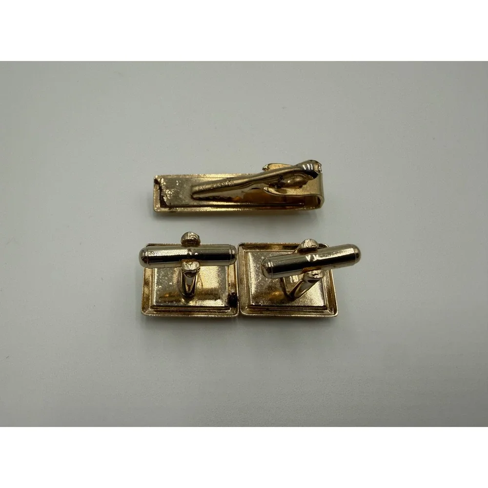 Vintage Mens Gold Tone Aurora Borealis Iridescent Cufflinks and Tie Bar Set